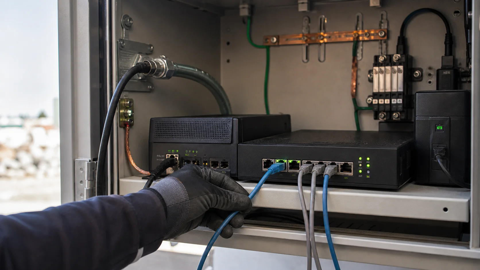 Field technician aligning and validating a commercial satellite terminal at a remote site