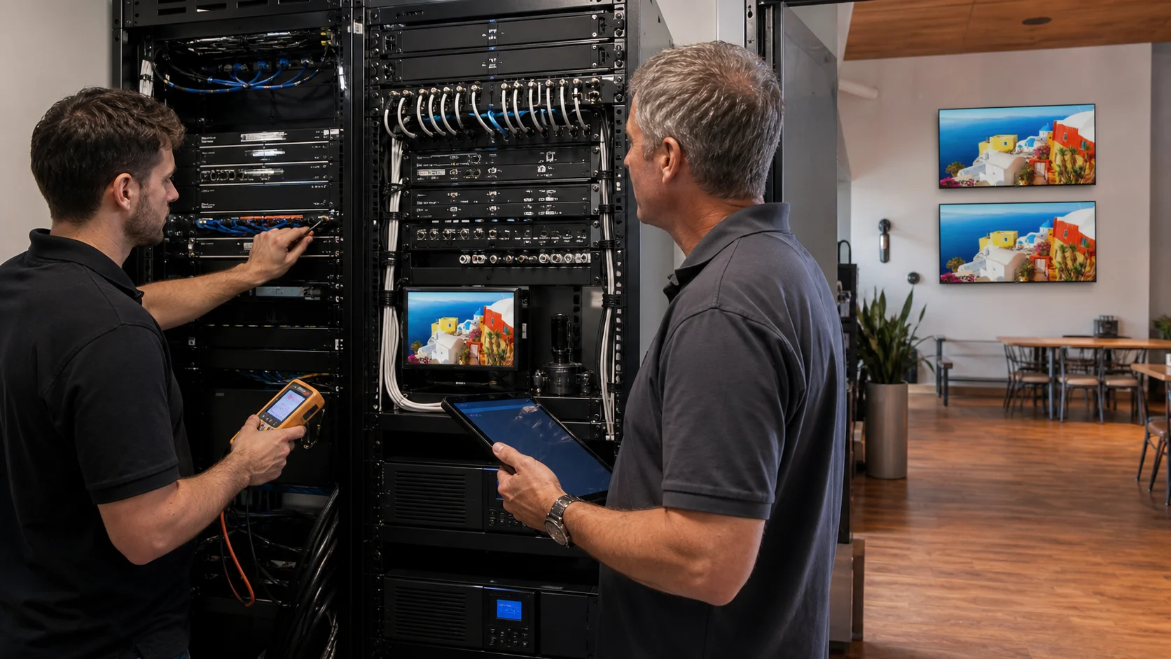 AV technician and venue manager validating a managed multi-display distribution rack