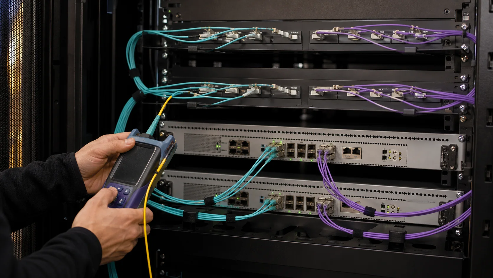Data center engineer validating high-capacity transit connections in a carrier meet-me room