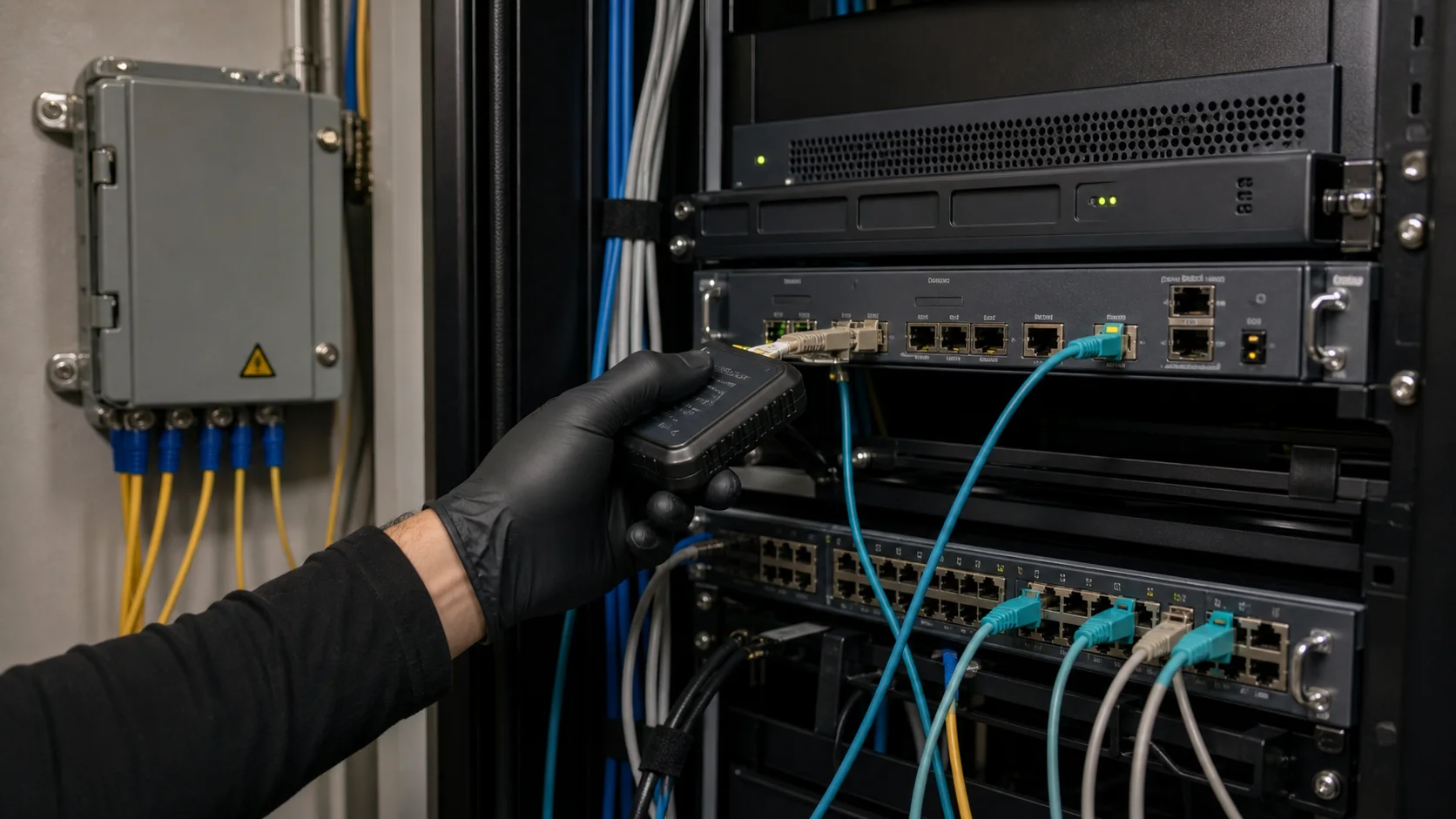 Network engineer validating a dedicated fiber handoff in a commercial demarcation room