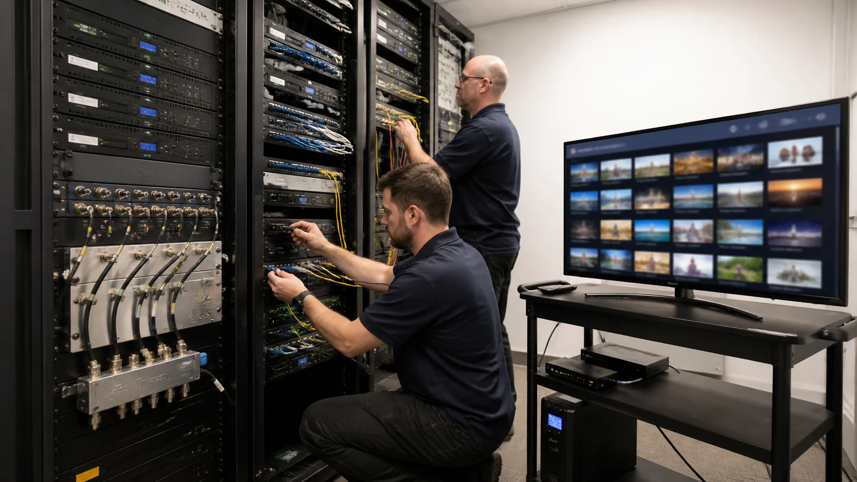 Hotel AV technicians commissioning a hospitality television headend and confidence monitor