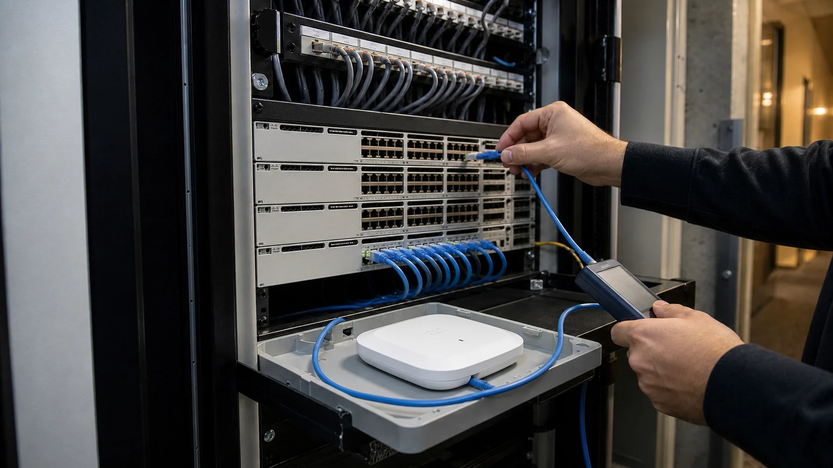 Technician validating Cisco switching and an enterprise access point in a hotel telecom room