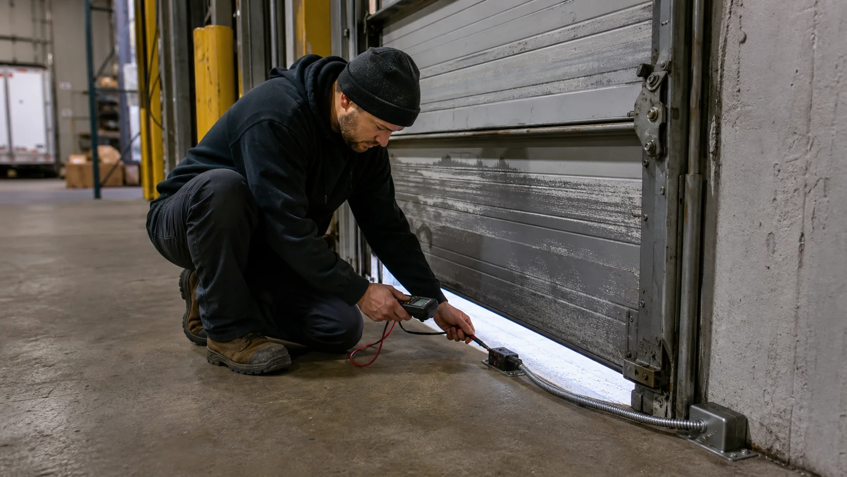 Security technician testing a protected roll-up door contact at a commercial facility
