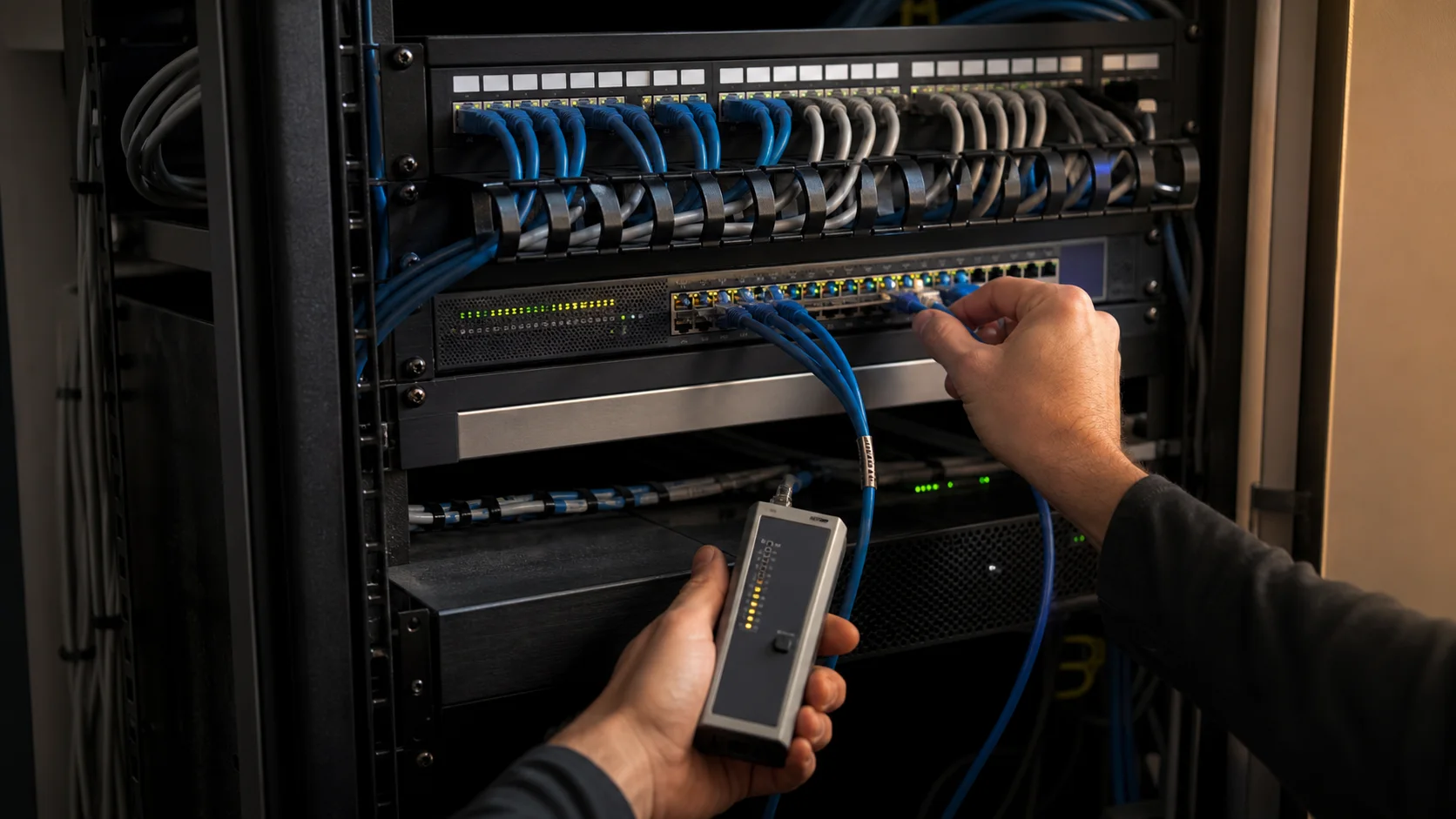 Wireless engineer conducting a post-install coverage survey with professional test equipment