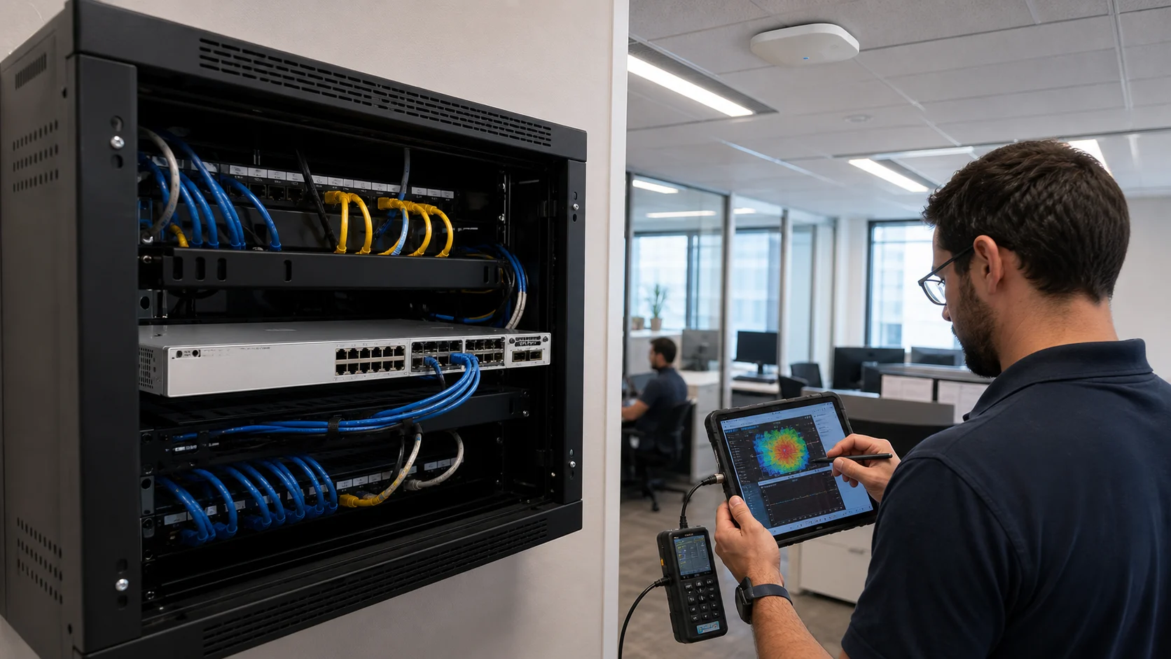 Wireless engineer validating an office network beside Cisco switching and a ceiling access point