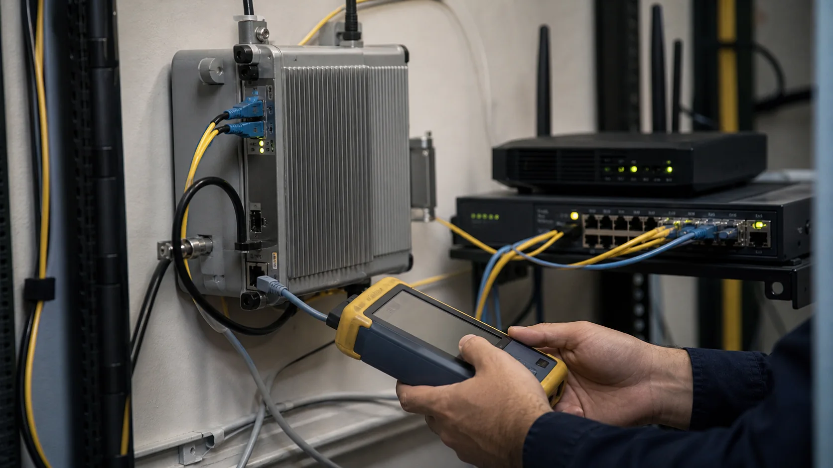 Network engineer commissioning an Ethernet private-line handoff between business sites