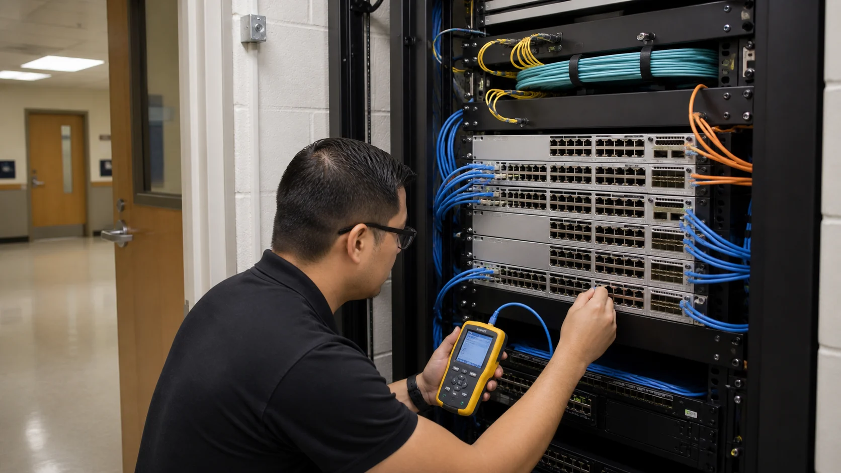 School network technician validating PoE and uplinks on Cisco enterprise access switches