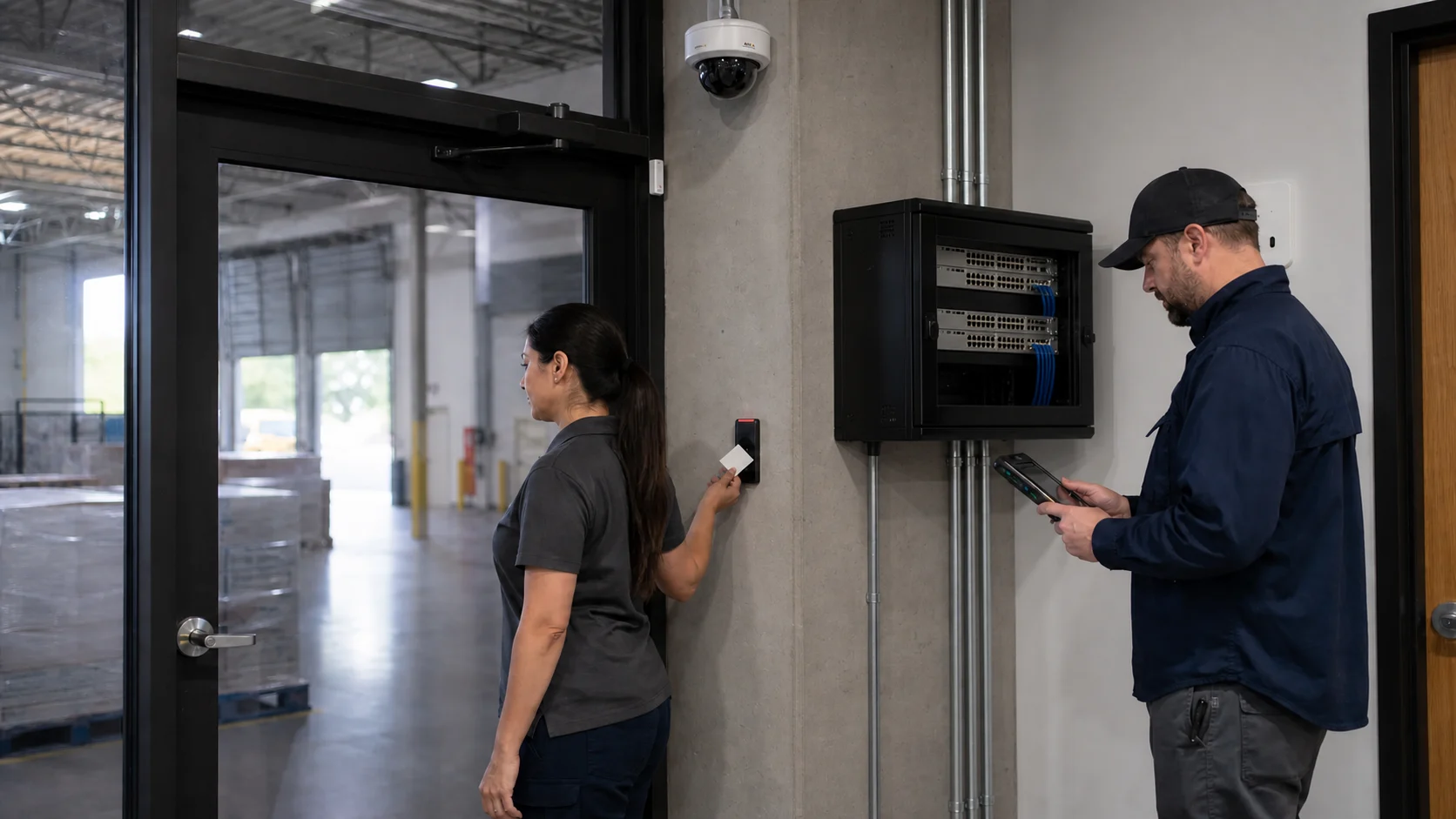 Technician and facility manager acceptance-testing cameras, access control and network switching
