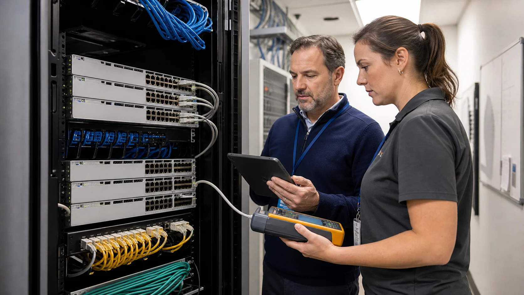 Network technician and facility manager acceptance-testing enterprise switching in a senior community