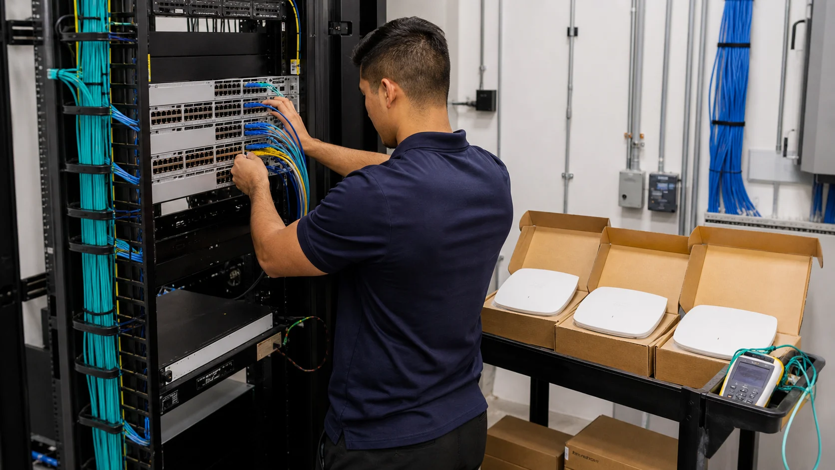 Residence-hall network engineer commissioning Cisco switches and staging enterprise access points