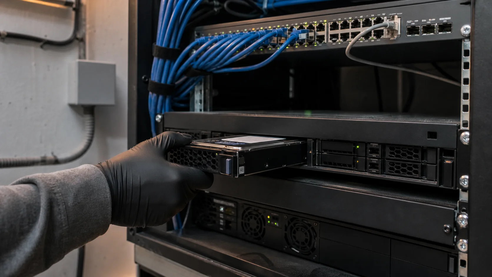 Technician seating a surveillance-rated drive in a network video recorder