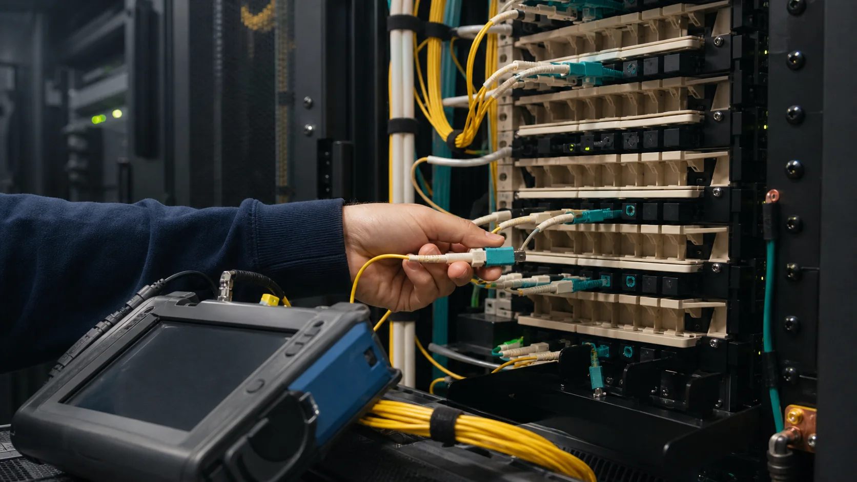 Optical network engineer testing a coherent wavelength circuit at the fiber distribution frame
